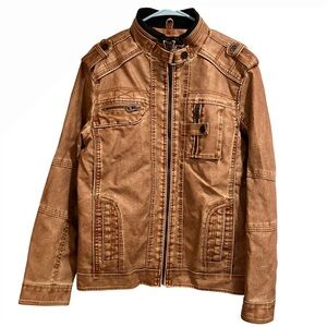 Dixon Men's Faux Leather Jacket Size L Brown Moto Mock Neck Distressed Look